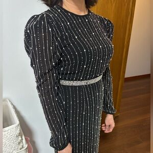 mac duggal LONG SLEEVE PUFF SLEEVE BEADED MIDI DRESS